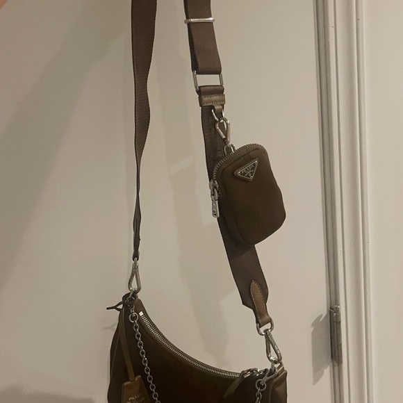 Prada Brown Nylon Shoulder Bag with Silver Chain Strap - Picture 3 of 4